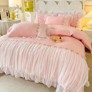 Light Luxury French Four-piece Bedding Set Washed Cotton High-grade Fairy Bed Cover Bed Solid Color Bed Sheet Quilt Cover