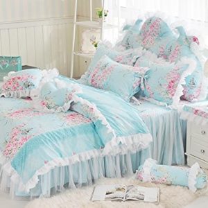 Romantic Rose Flower Print Bedding for Girls Floral Bed Skirt Set 4 Piece Princess Lace Ruffle Duvet Cover Set King Blue