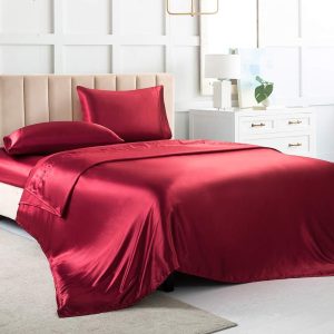 Satin Bed Sheets Full Size Sheet Sets, Red Silk Sheets, 4 - Pieces Soft Bedding Set with 1 Deep Pocket Fitted Sheet,1 Flat Sheet,2 Pillowcase
