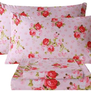 Queen Sheet Set Ultra Soft Breathable Silky Flower Bed Sheets Deep Pocket 100% Microfiber Bedding Sheets 4 Piece Queen Size Pink Floral(Red Rose)