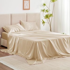 Satin Queen Sheets Set - 4 Piece Beige Silky Bed Sheets Set with Deep Pocket, Luxury Silk Feel Satin Queen Size Sheet Set (1 Flat Sheet,1 Fitted Sheet,2 Pillow Cases)