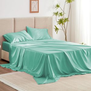 Satin Queen Sheets Set - 4 Piece Aqua Silky Bed Sheets with Deep Pocket, Luxury Silk Feel Satin Queen Size Sheet Set (1 Flat Sheet,1 Fitted Sheet,2 Pillow Cases)