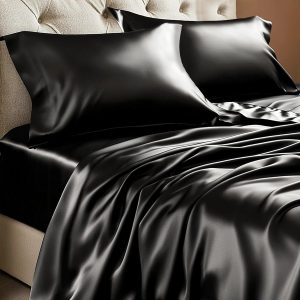 Satin Sheets Full Size Bed Set, Luxury Soft Black Silky Sheets for Hair and Skin, Similar to Silk Bed Sheets Set 4 Pieces with 1 Deep Pocket Fitted Sheet, 1 Flat Sheet, and 2 Pillowcases