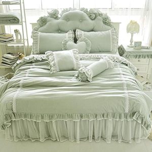 Shabby Ruffle Duvet Cover Set Twin Cotton Chic Wrinkle Girls Bedding Green 4 Piece Romantic Lace Design Bed Skirt