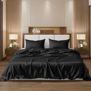 Satin Black Sheets Queen - Luxurious 4-Piece Silk Sheets Queen Size Bed Set - Silky Smooth, Deep-Pocket 1 Fitted Sheet, 1 Flat Sheet, 2 Pillowcases