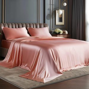 Satin Sheets Full Size Bed Set, Luxury Soft Rose Pink Silky Sheets for Hair and Skin, Similar to Silk Bed Sheets Set 4 Pieces with 1 Deep Pocket Fitted Sheet, 1 Flat Sheet, and 2 Pillowcases