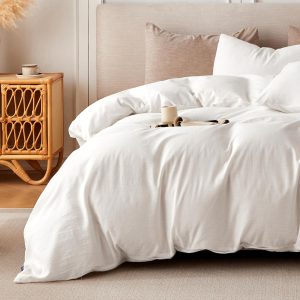 Linen Duvet Cover Queen Size - Soft Breathable Cotton Linen Blend, 3-Pieces Bedding Set with 2 Pillowcases, Stonewashed Texture, Off-White, All-Season Comfort