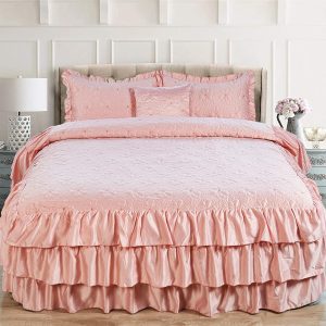 4 Piece Matte Satin Ruffle Quilted Bedspread Set 24" Drop Ruffled Style Bed Skirt Coverlets Lightweight Reversible Bedding Set Cover, King 78" x 80" + 24", Pink