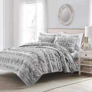 Light Gray-Full/Queen  3 Piece Ruffled Quilt Set, 3