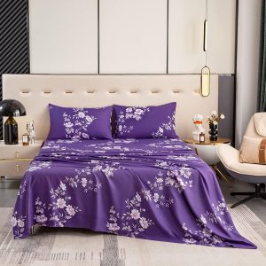 Queen Sheet Set Ultra Soft Breathable Silky Flower Bed Sheets Deep Pocket 100% Microfiber Bedding Sheets 4 Piece Queen Size Dark Purple Floral