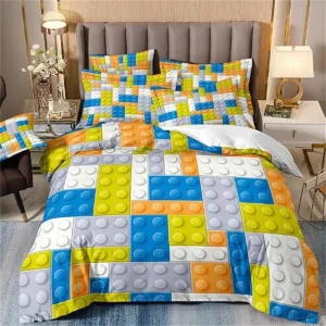 Building Toy Bedding Set Kids Boys Girls Orange Blue Fun Brick Polyester Quilt Cover Colorful Blocks Duvet Cover King/Queen Size