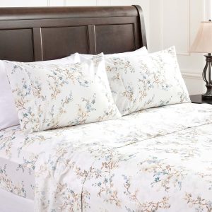 Premium Traditional Floral Printed Elegant Patterned Queen Bed Sheet Set 4-Piece - 1 Flat Sheet 1 Fitted Sheet and 2 Pillowcases - Ultra Soft Microfiber Sheets - Blue